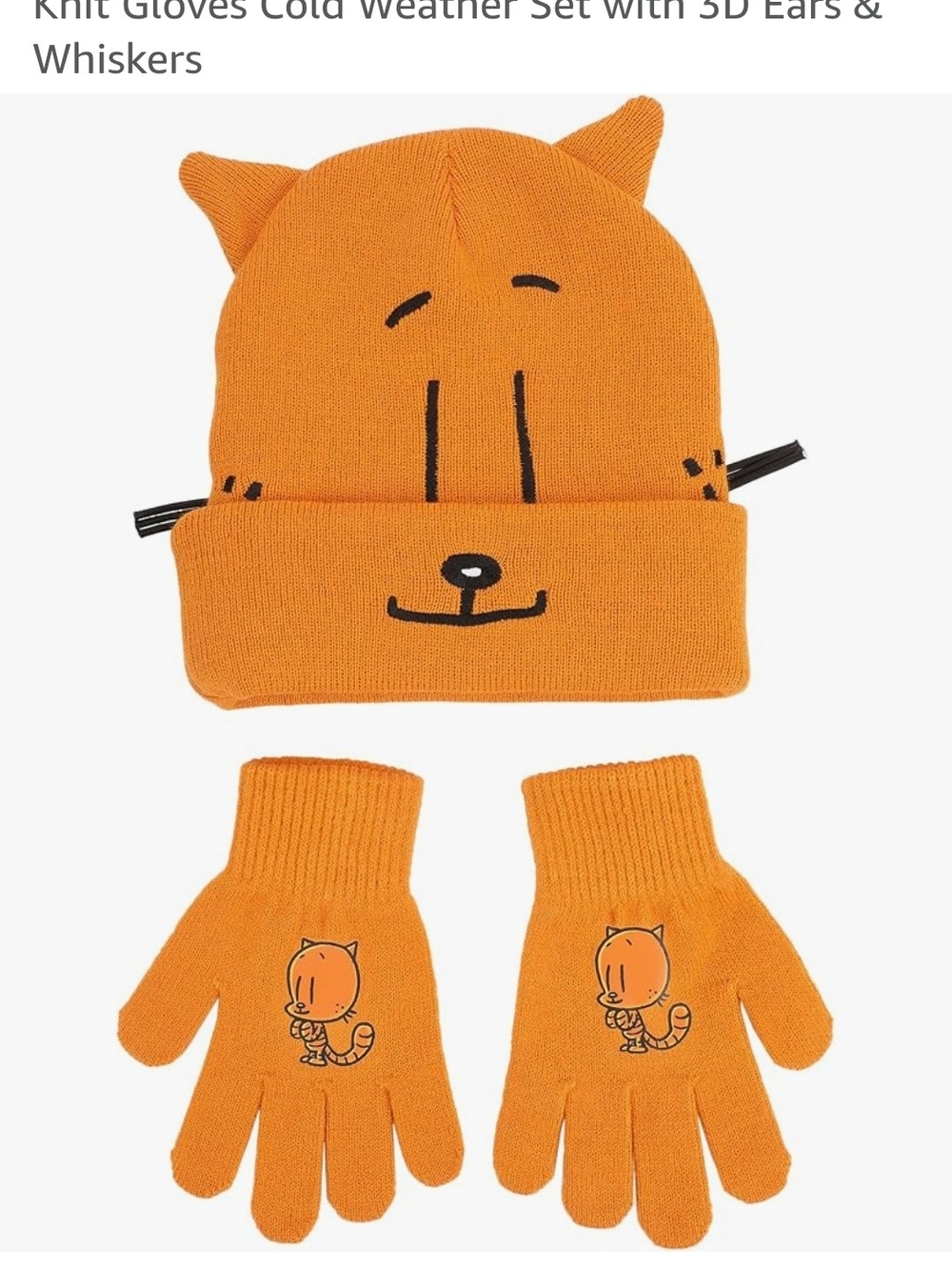 Kids Orange Cat Knit Hat & Gloves Set